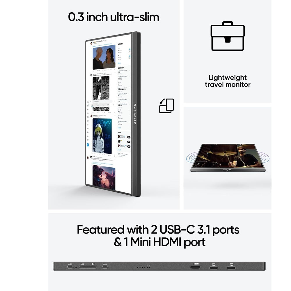 ARZOPA 15.6" Portable Monitor - FHD 1080P USB-C HDMI External Display For Laptop & Gaming